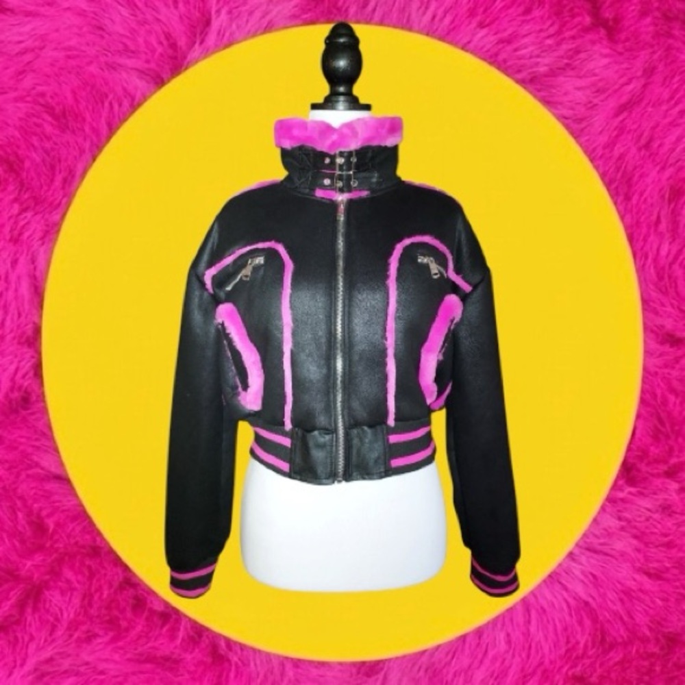 B. Coature NWT Black & Hot Pink Faux Fur Cropped Bomber Moto Jacket Size L